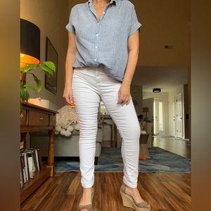 Casual cotton / linen blend, size large, denim blue with white pinstripes